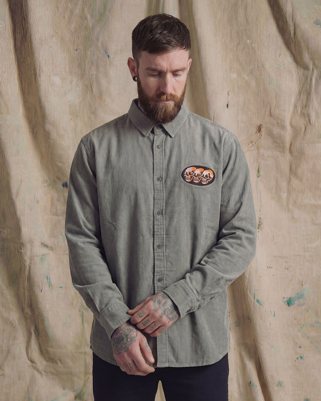 3 Skulls Washed Light Grey Work Shirt