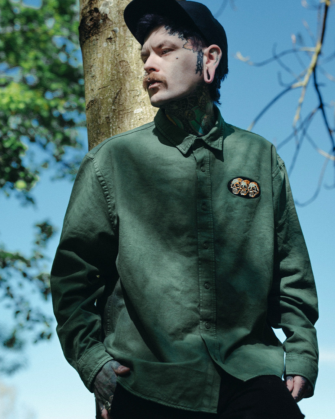 3 Skulls Washed Forest Green Work Shirt