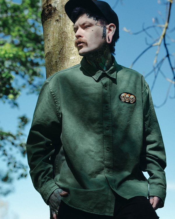 3 Skulls Washed Forest Green Work Shirt