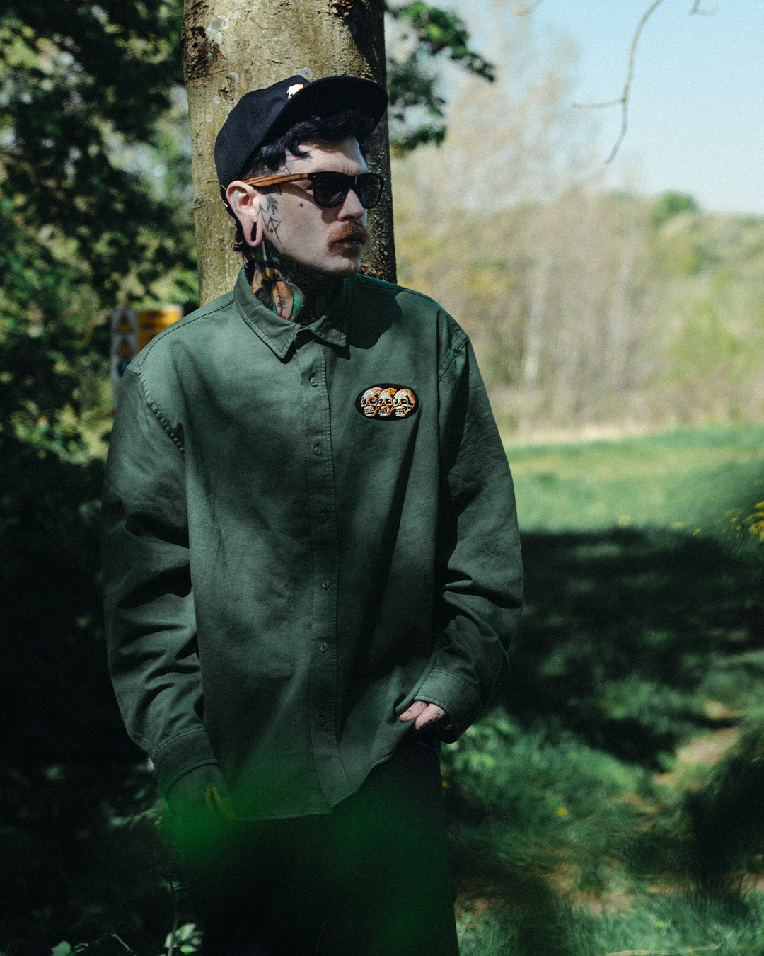 3 Skulls Washed Forest Green Work Shirt