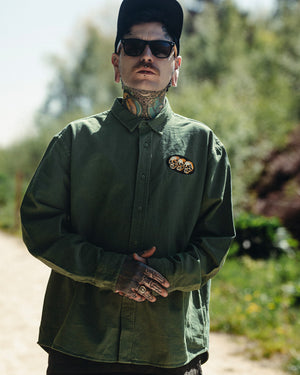 3 Skulls Washed Forest Green Work Shirt