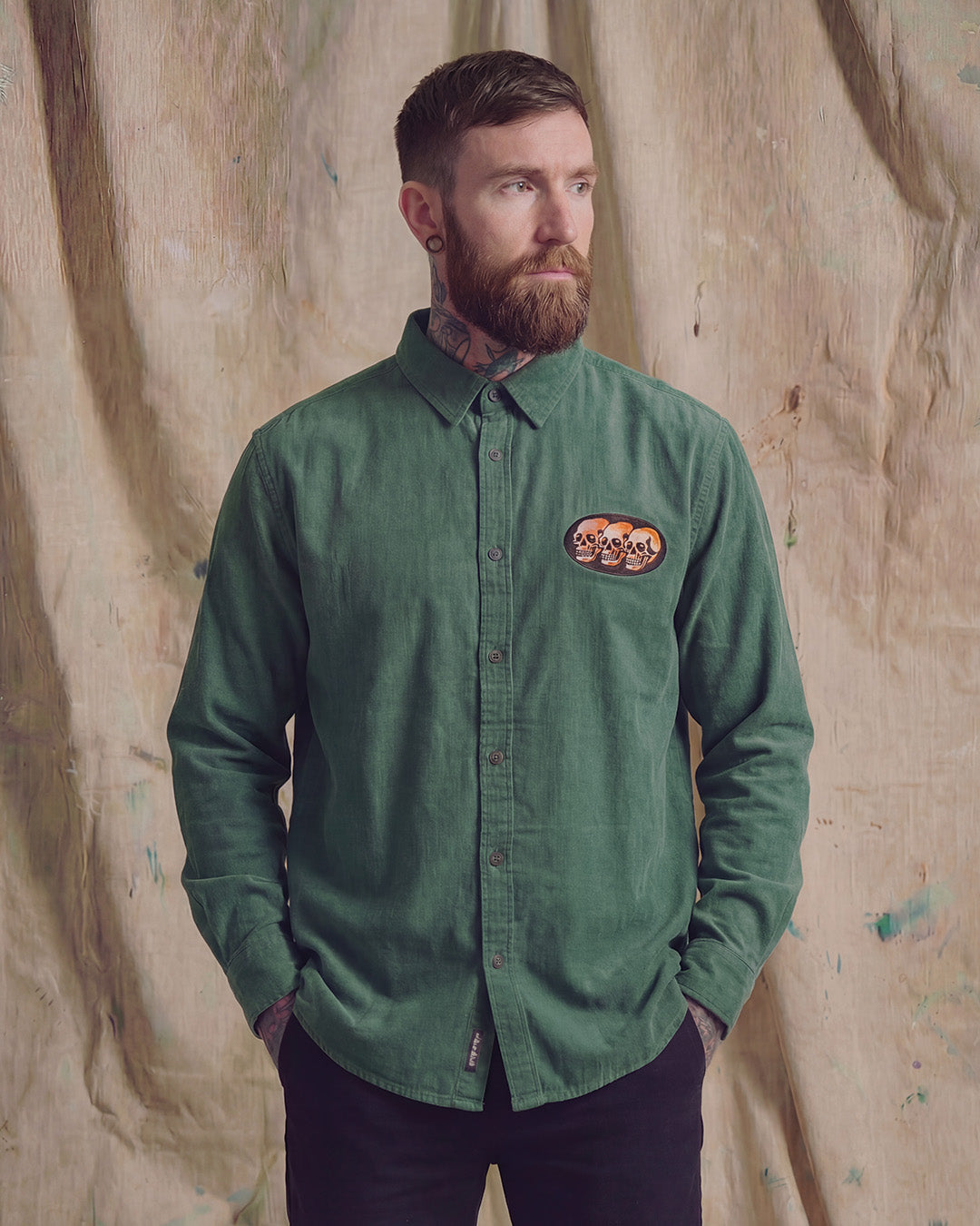 3 Skulls Washed Forest Green Work Shirt