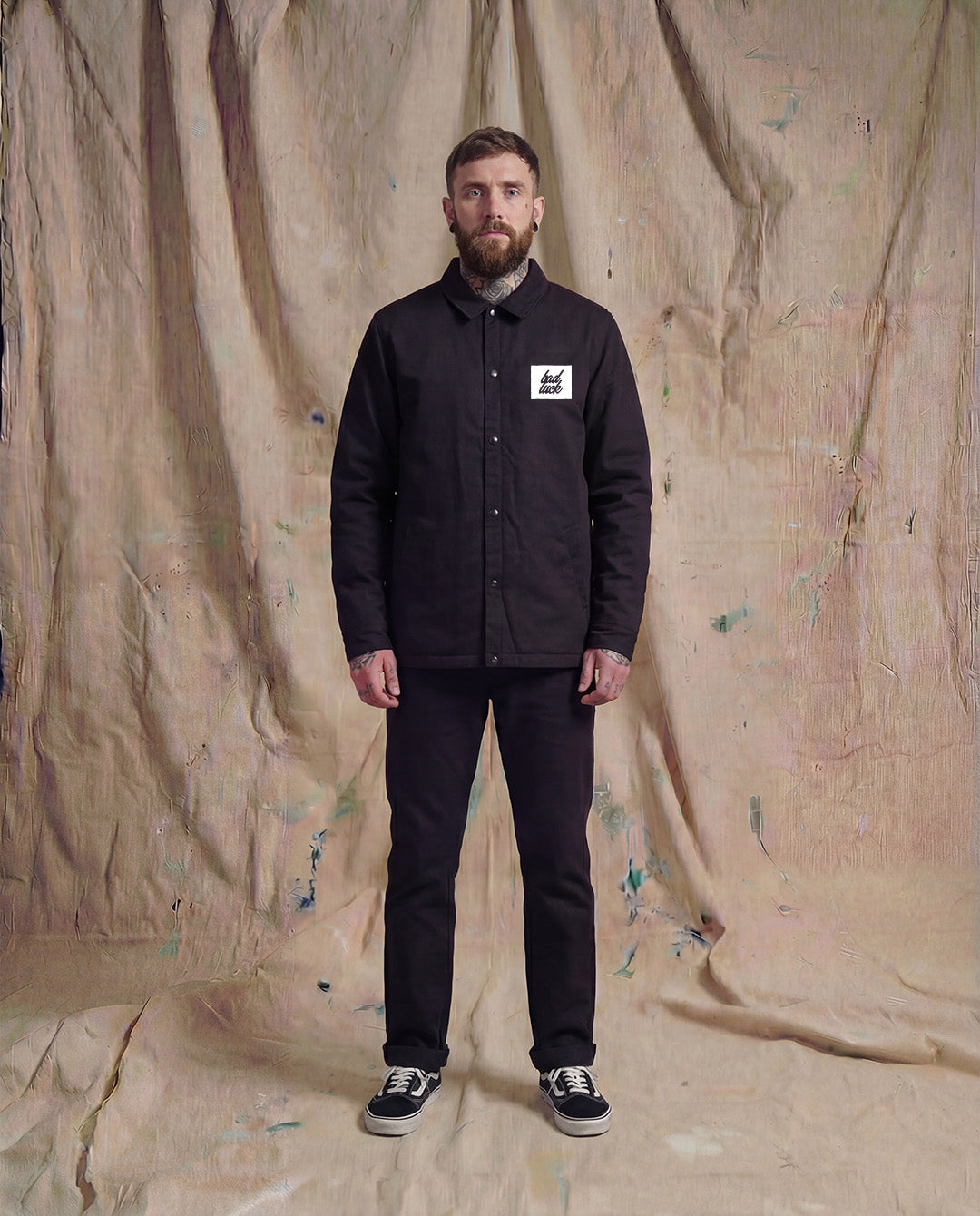 Bad Luck White Print Buttoned Work Jacket Black