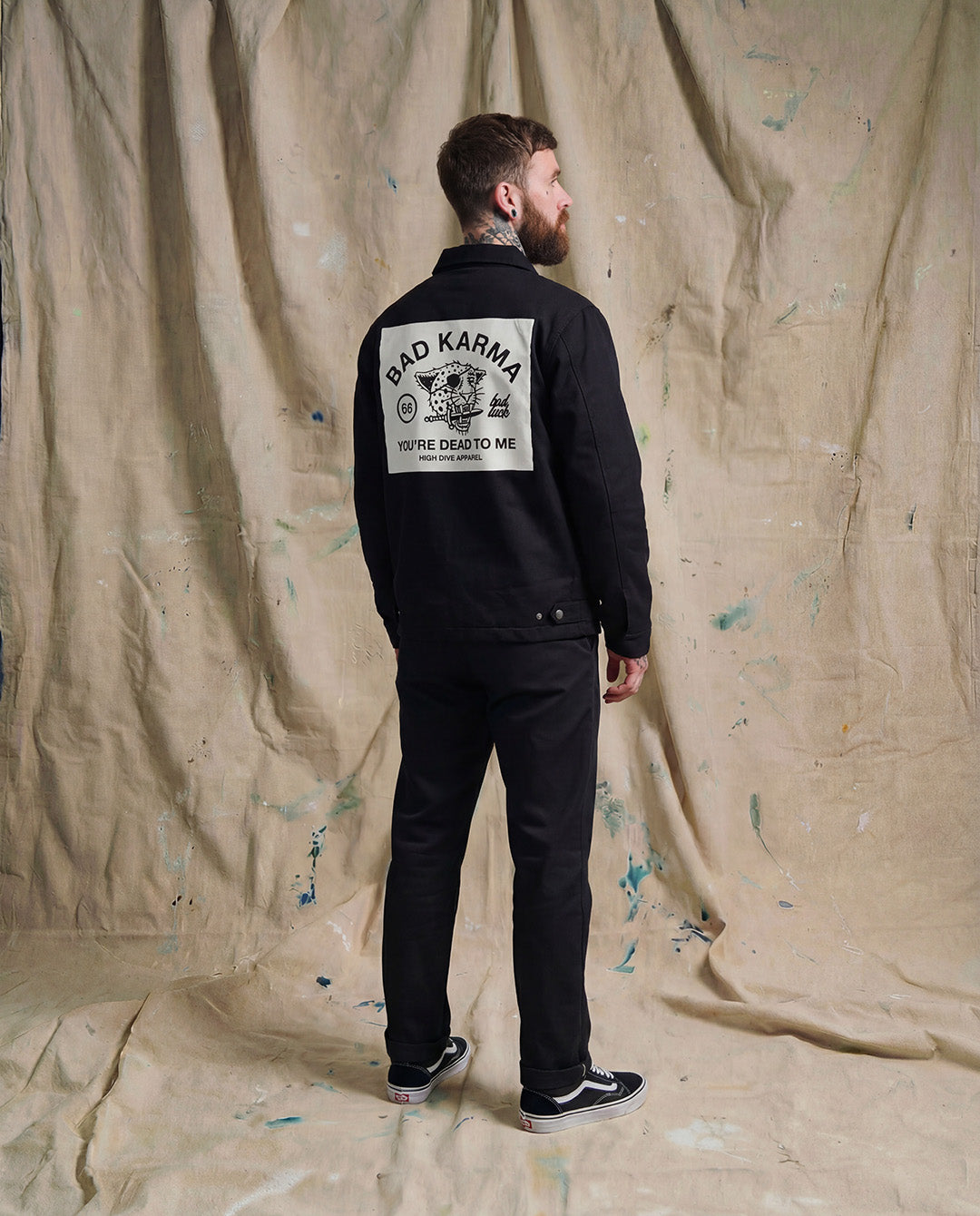 Bad Luck White Print Buttoned Work Jacket Black