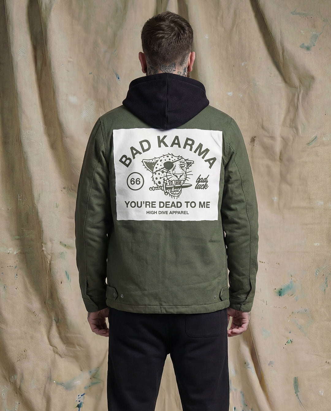 Bad Luck White Print Zipped Work Jacket Cypress Green