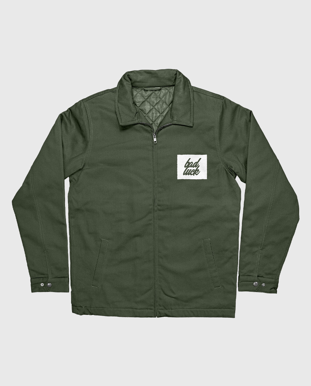 Bad Luck White Print Zipped Work Jacket Cypress Green
