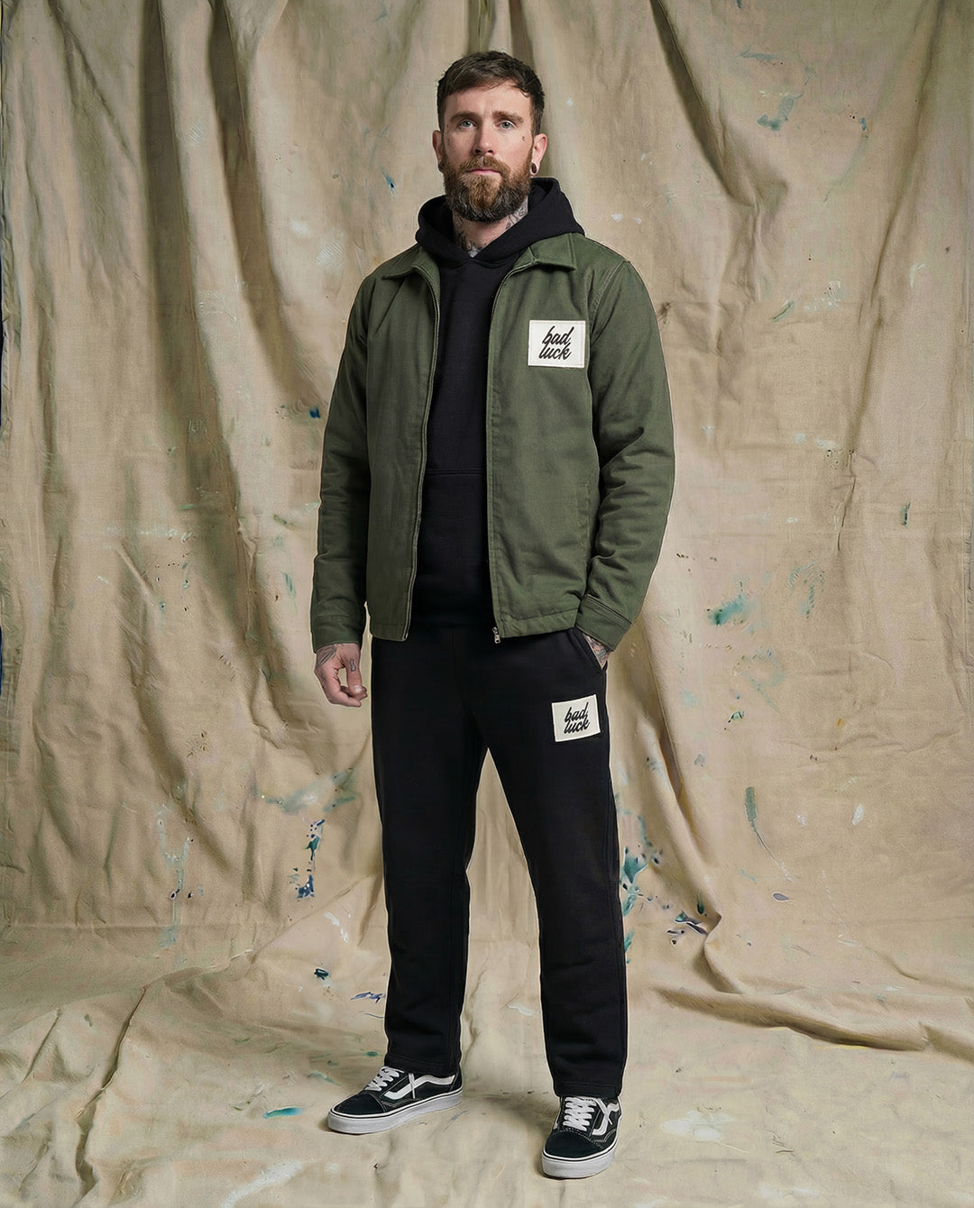 Bad Luck White Print Zipped Work Jacket Cypress Green