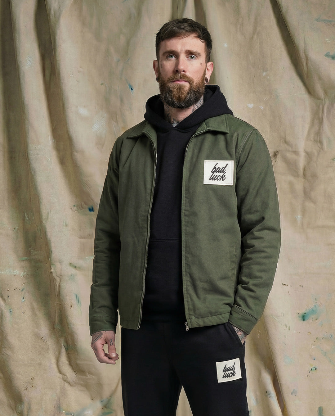 Bad Luck White Print Zipped Work Jacket Cypress Green