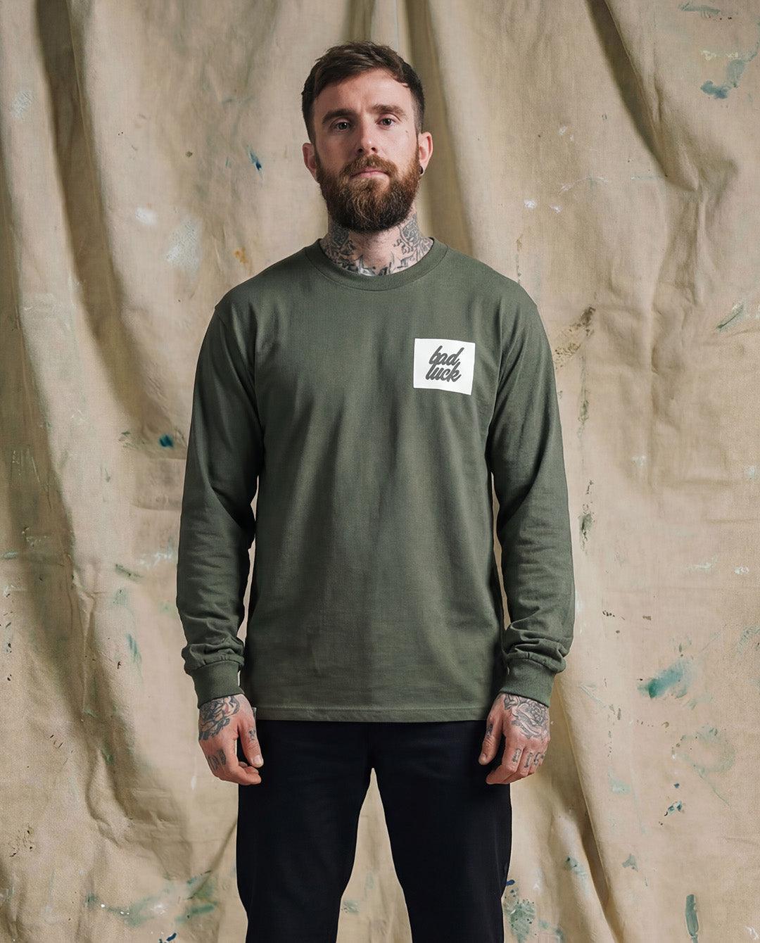 Bad Luck White Print Heavy Long Sleeve Tee Cypress Green