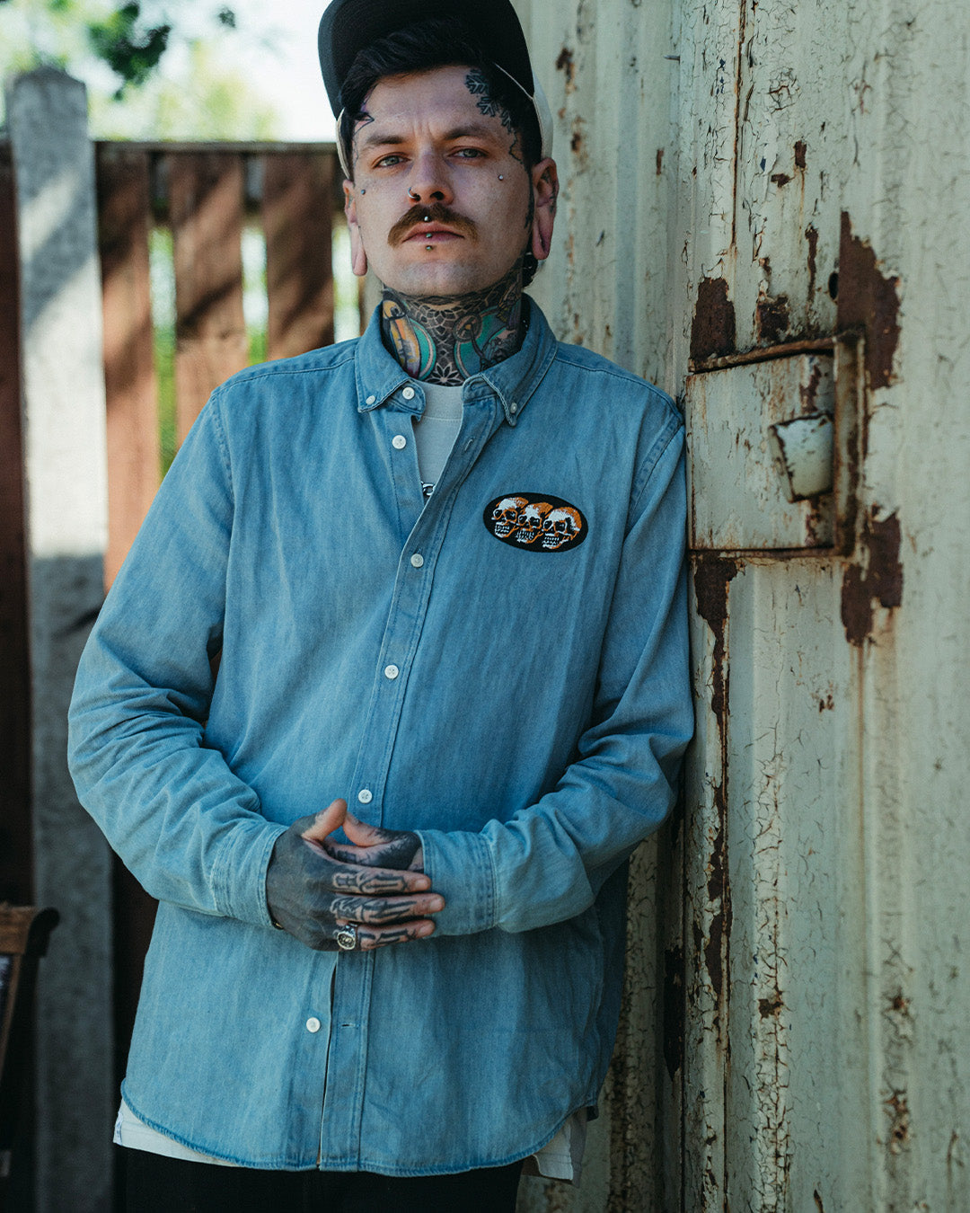 3 Skulls Washed Light Denim Shirt