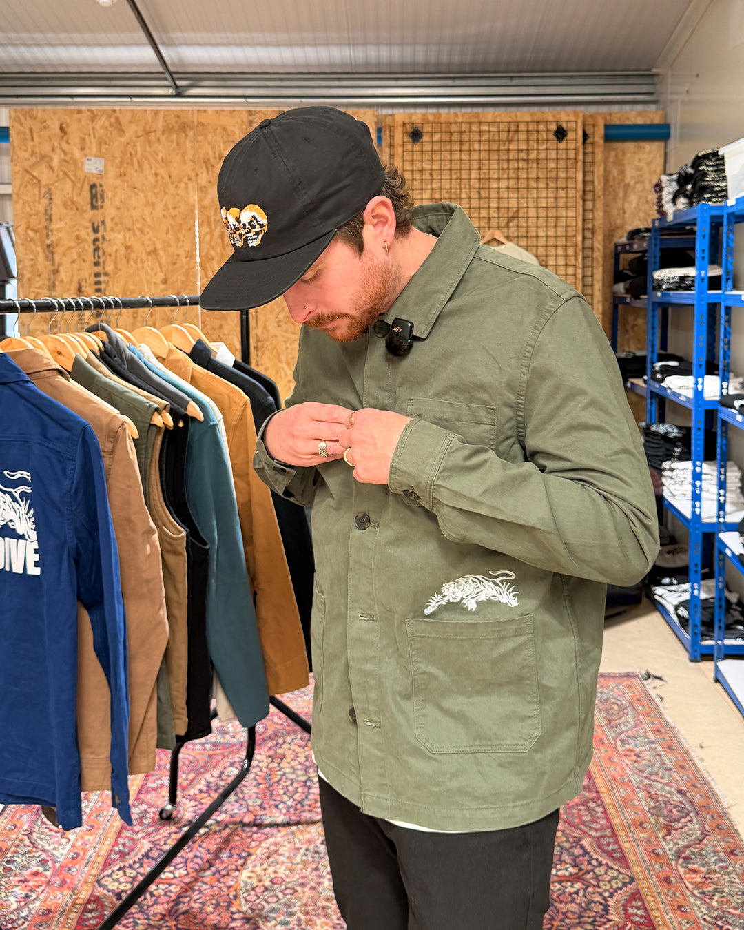 Trad Tiger Embroidered Work Jacket in Washed Khaki Green