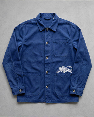 Trad Tiger Embroidered Work Jacket in Washed Indigo