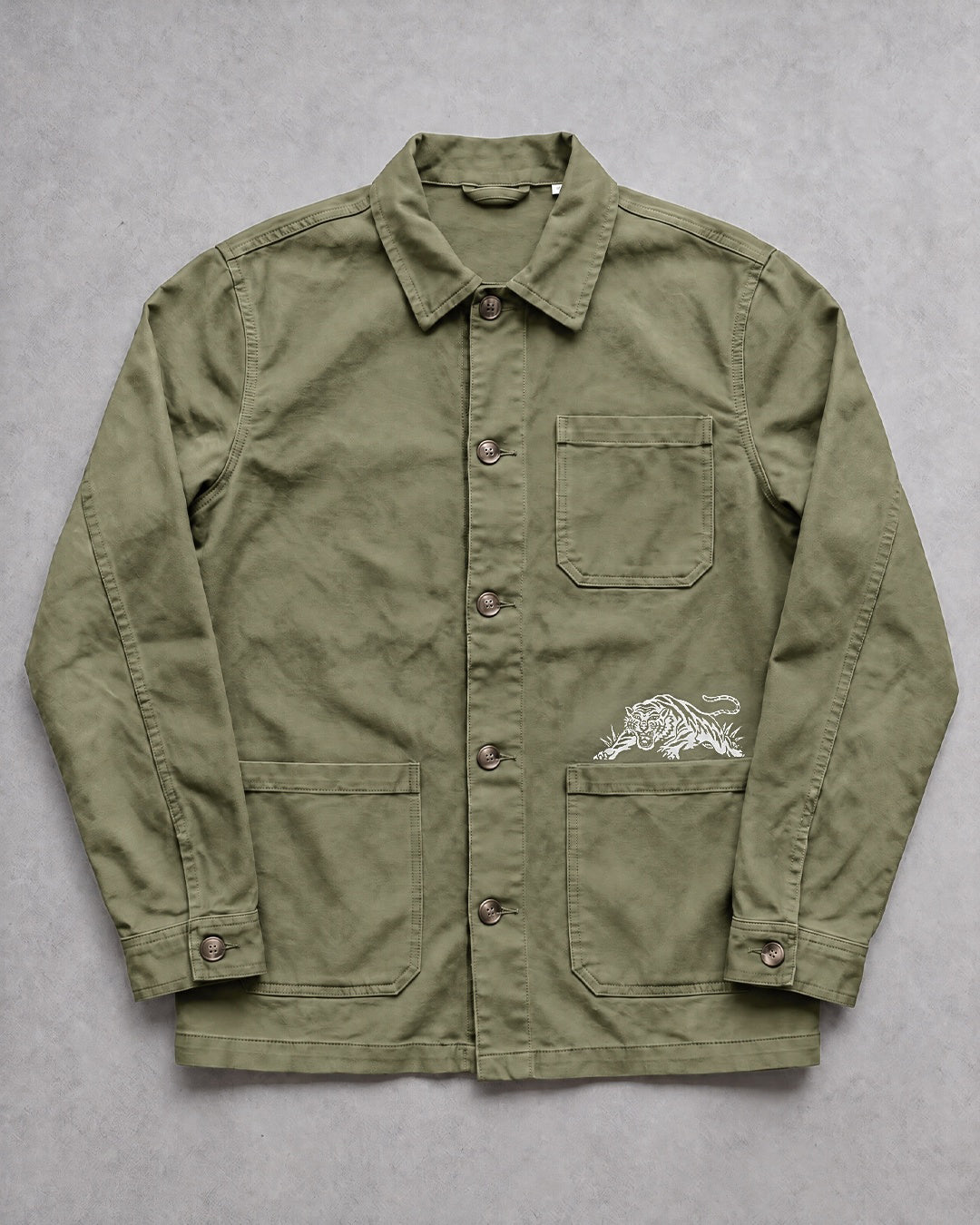 Trad Tiger Embroidered Work Jacket in Washed Khaki Green