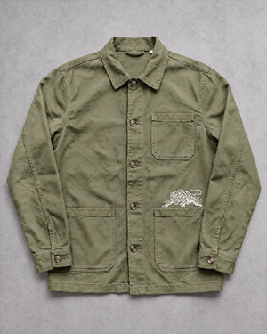 Trad Tiger Embroidered Work Jacket in Washed Khaki Green